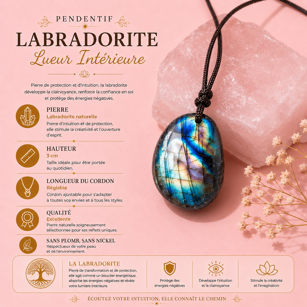 Pendentif rond en pierre brute de cristal naturel - Labradorite