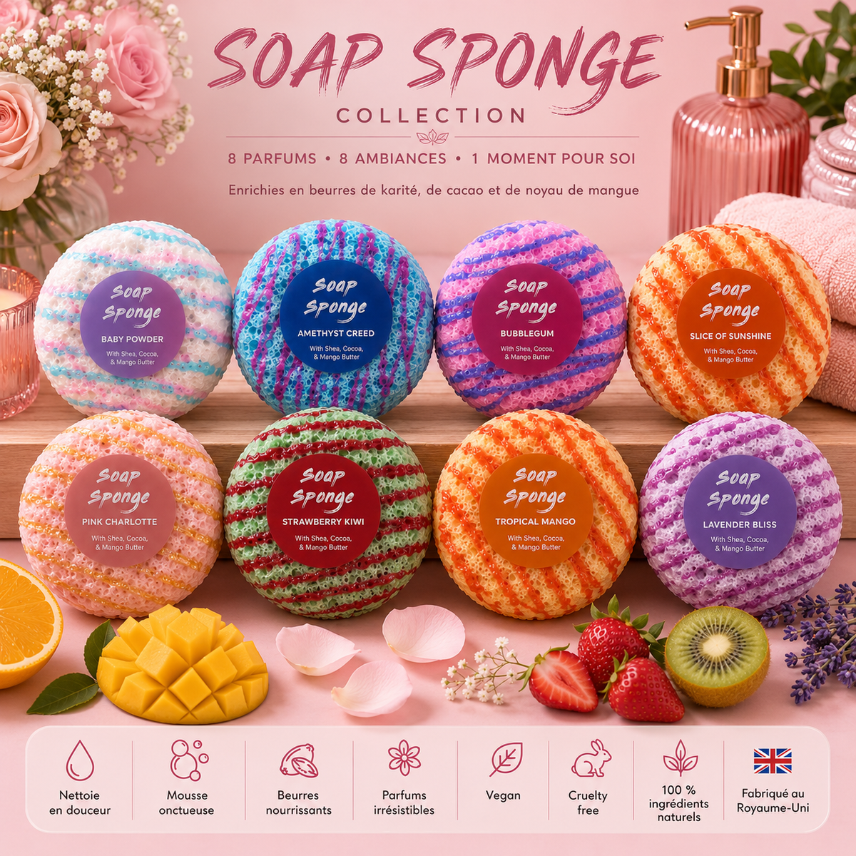 Éponges savonneuses exfoliantes au triple beurre – Nettoie, exfolie, nourrit (plusieurs variantes)
