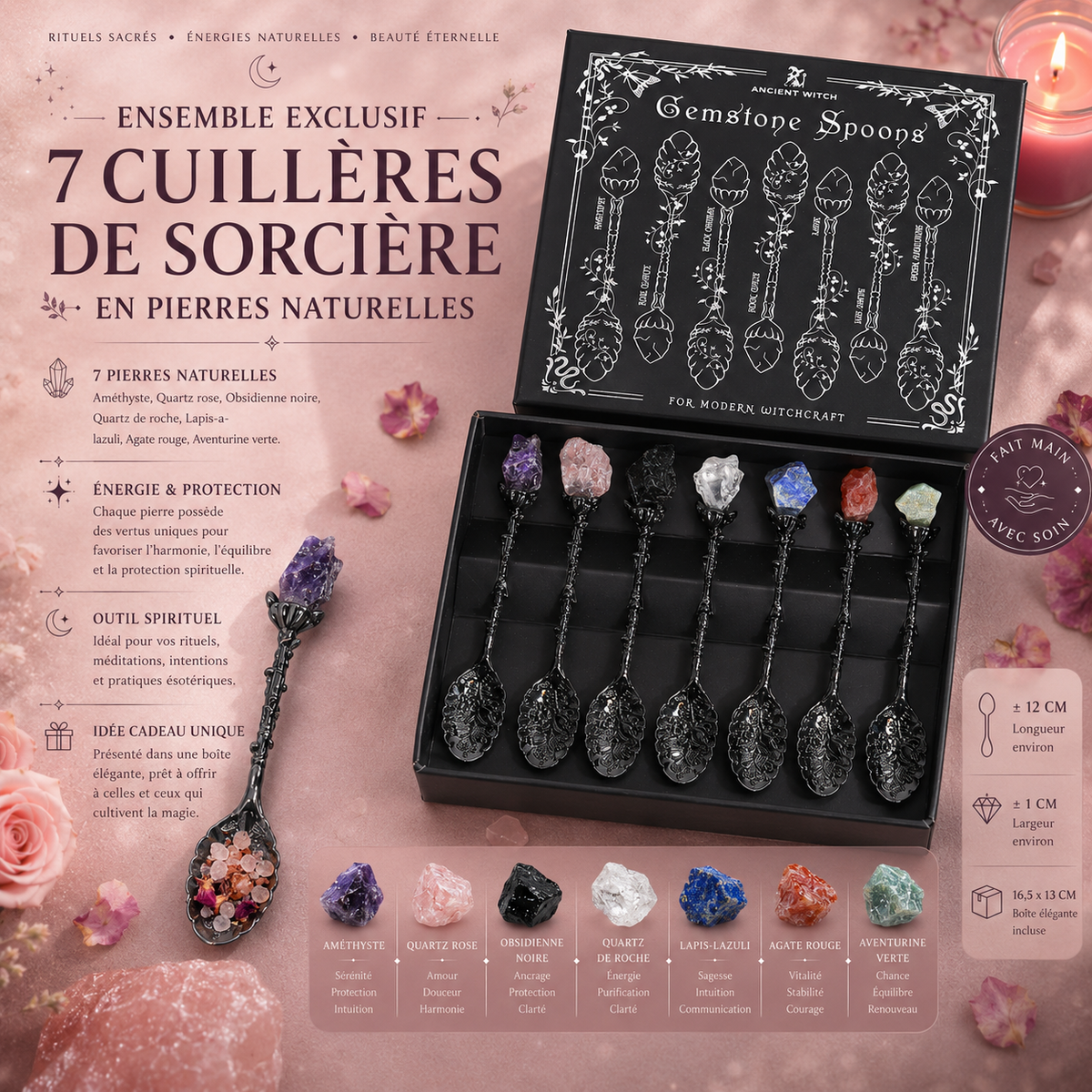 Set de 7 cuillères de sorcière en cristal et pierre précieuse - Argent sombre