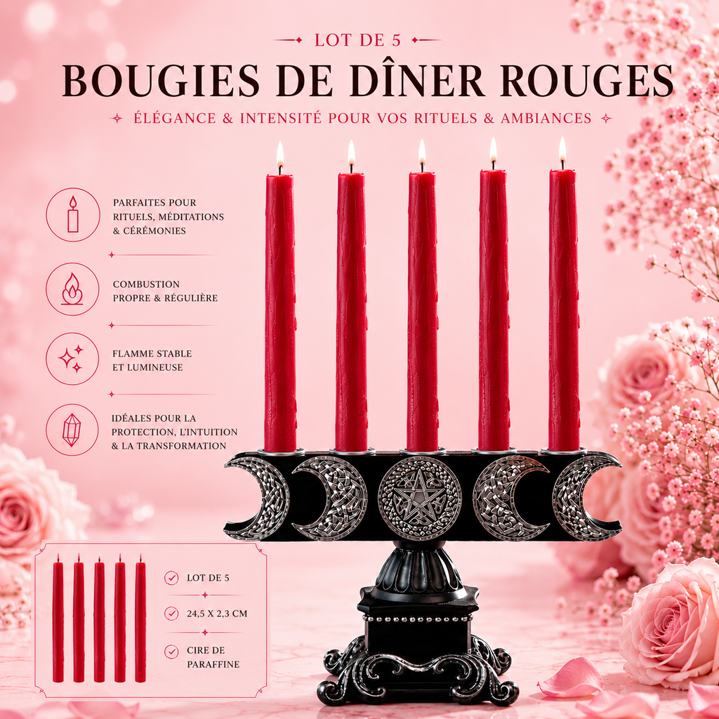 Bougies de dîner noires ou rouges - Lot de 5