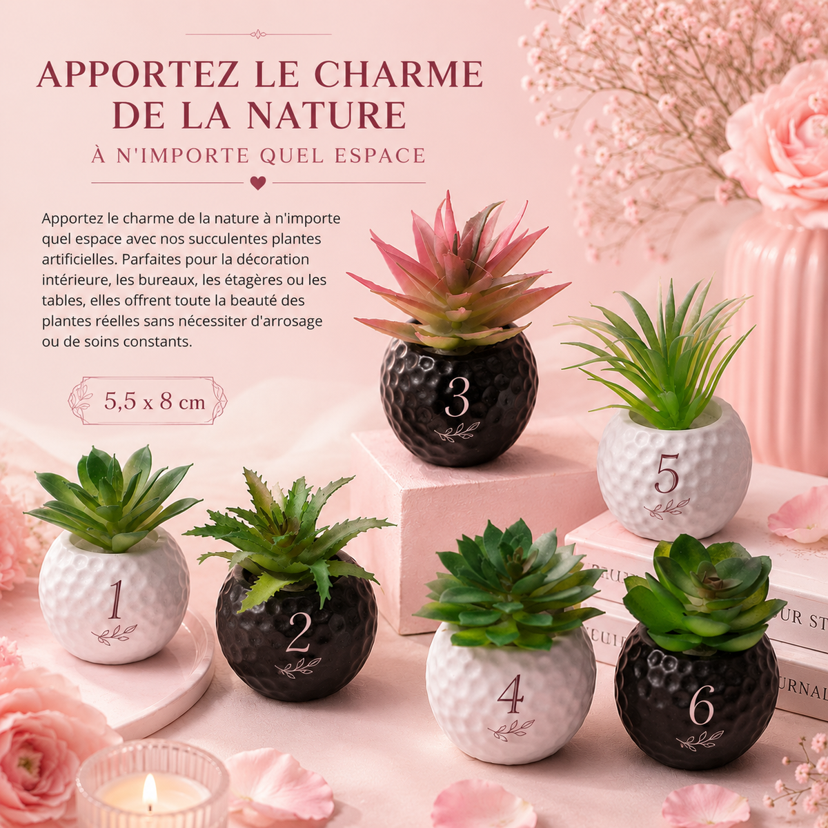 Mini plantes décoratives - Pot balle de golf noir & blanc - 5,5 x 8 cm