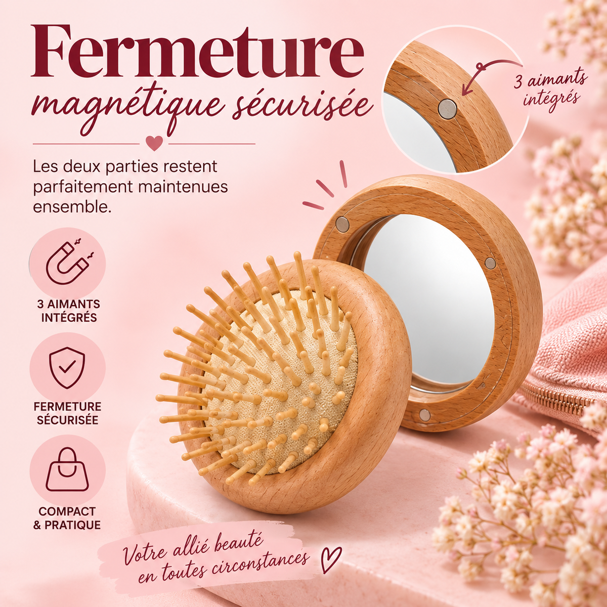 Pocket Duo Beauty - Brosse & miroir compact en bois