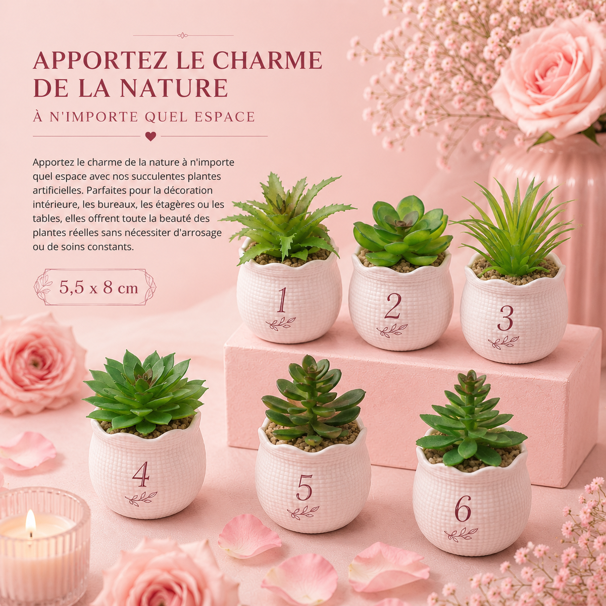 Mini plantes en pot blanc texturé - Élégance & nature sans entretien - 5,5 x 8 cm