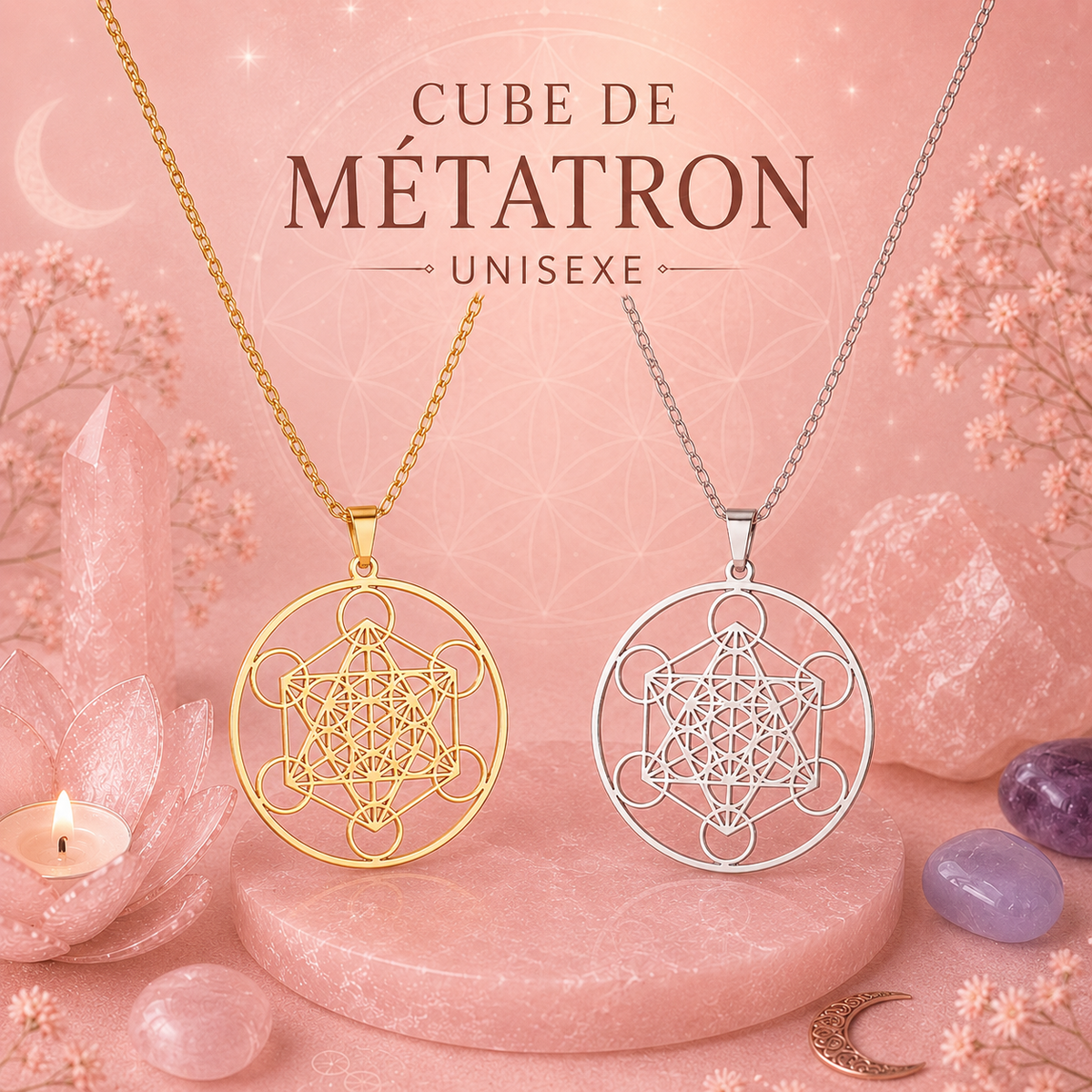 Pendentif Cube de Métatron unisexe – Symbole de Protection et d’Harmonie (Acier inox ou plaqué or 18K)