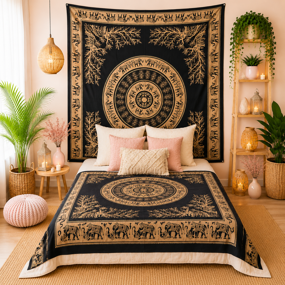 Couvre-lit ou Tenture murale en coton - Elephant jungle - Or & Noir (200x230 cm)