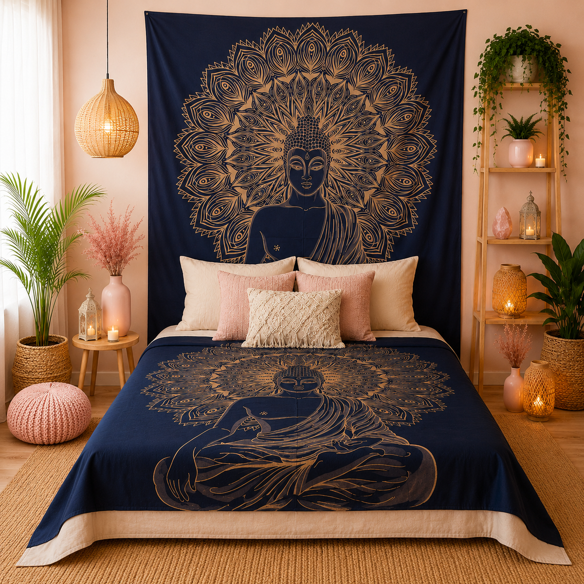 Couvre-lit ou Tenture murale en coton - Bouddha - Or & Bleu (200x230 cm)