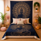 Couvre-lit ou Tenture murale en coton - Bouddha - Or & Bleu (200x230 cm)