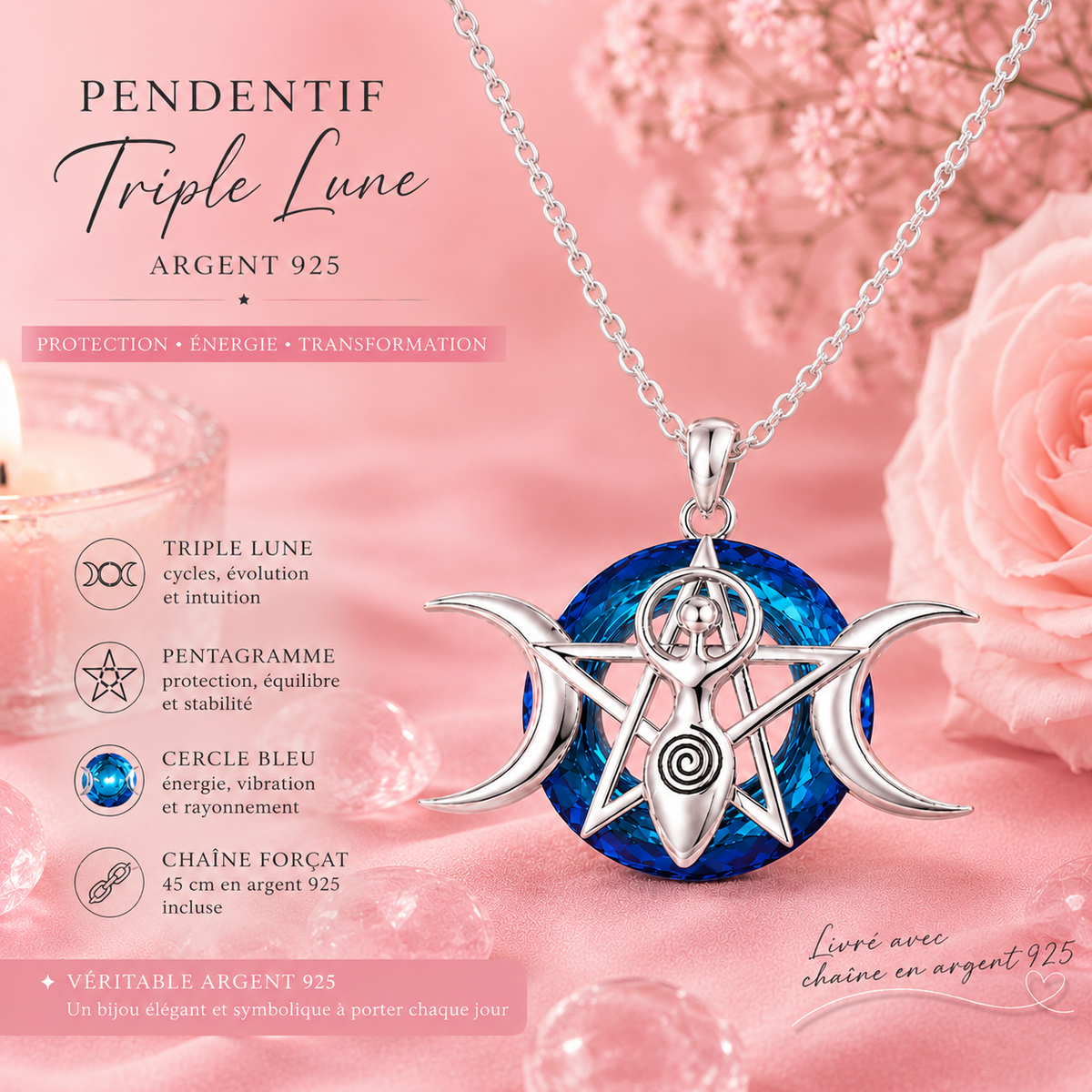 Pendentif Déesse Triple lune en Argent 925 - Symbole de protection et de transformation