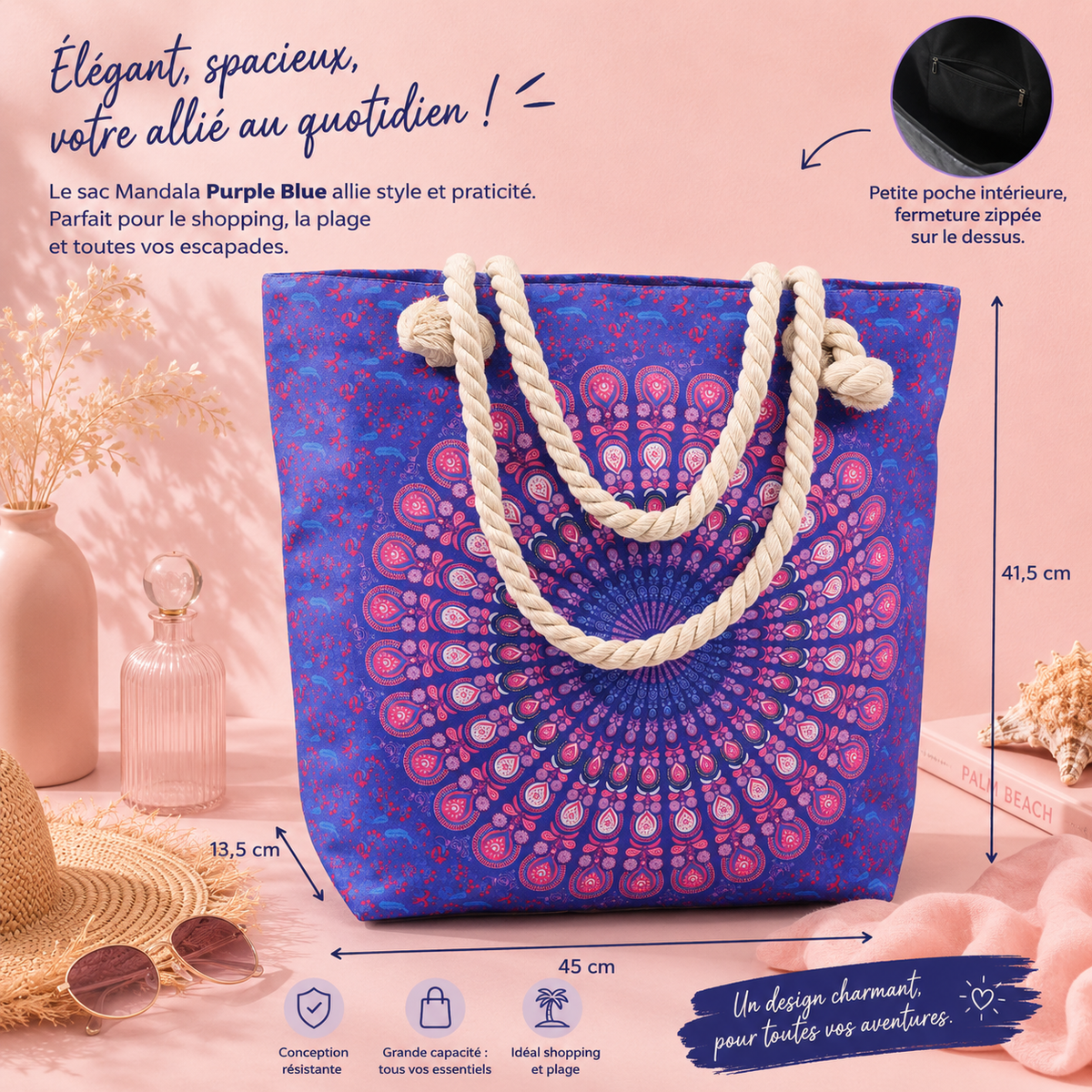 Sac Mandala avec poignée en corde - Le sac bohème qui vous suit partout avec style !