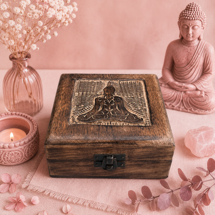 Boîte à souvenirs carrée en bois - Bouddha (13x13x6 cm)