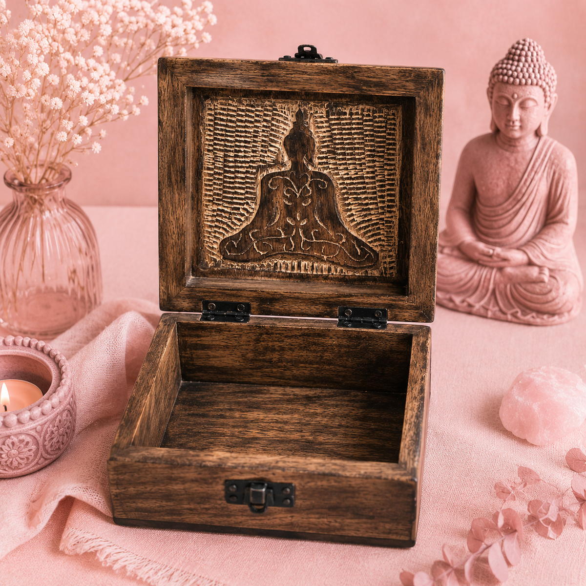 Boîte à souvenirs carrée en bois - Bouddha (13x13x6 cm)