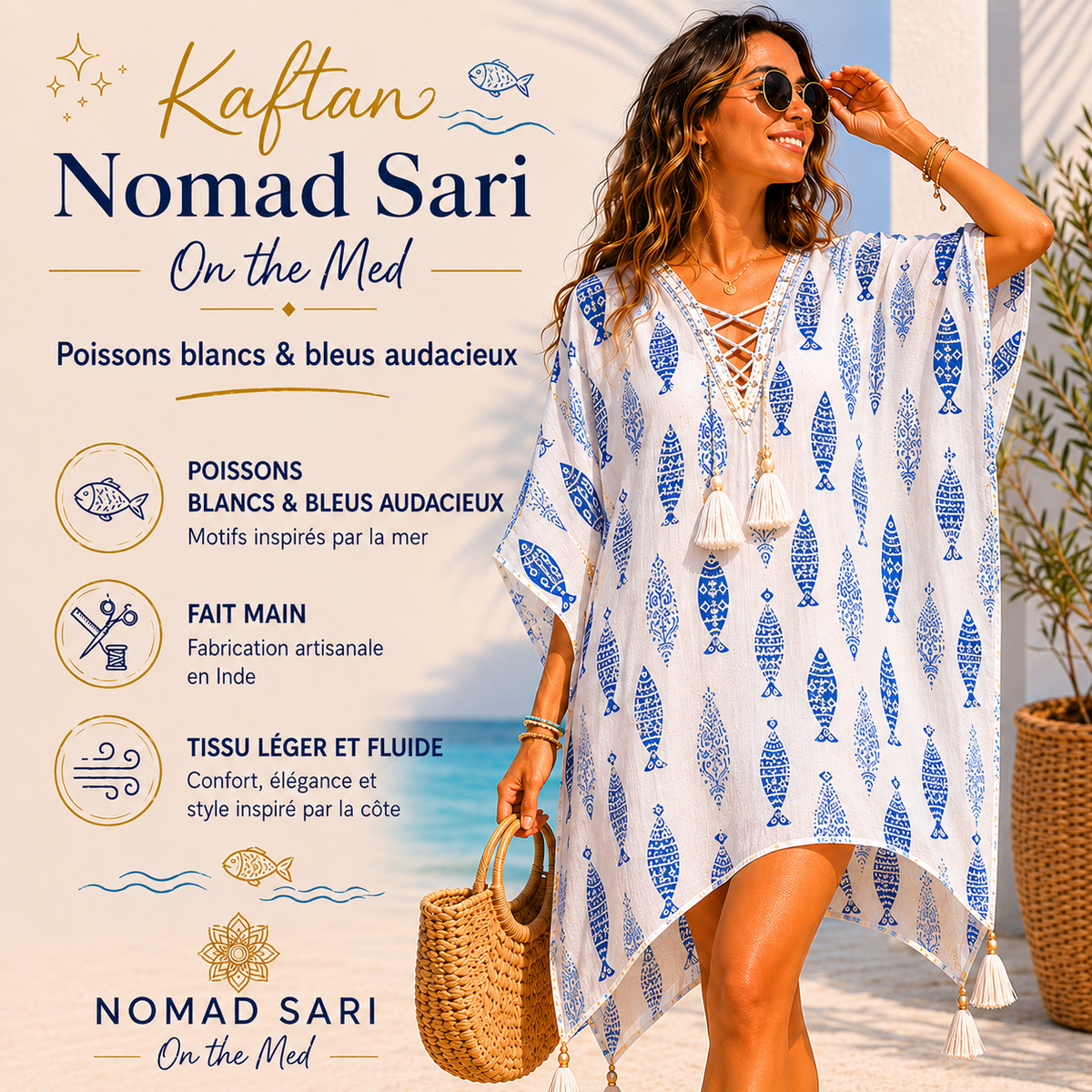Kaftan - Poissons blancs & bleus audacieux