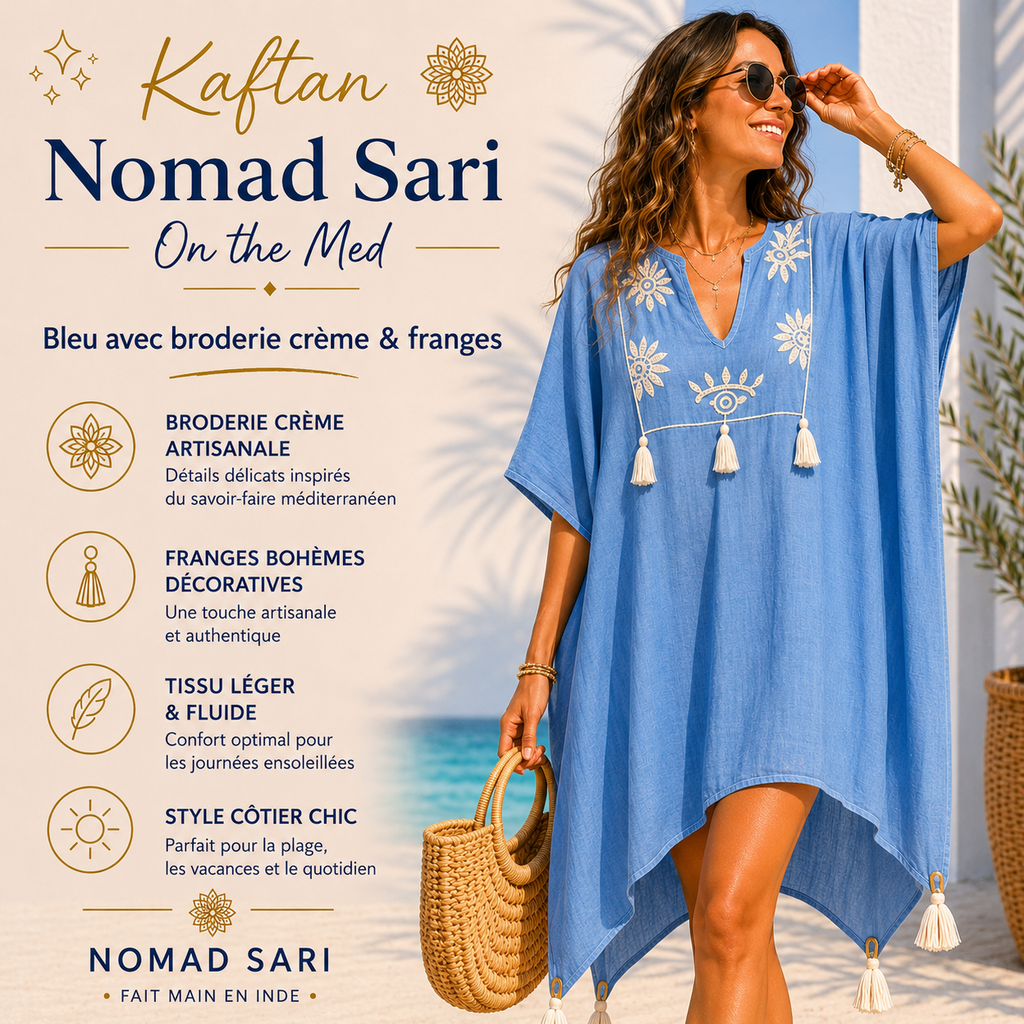Kaftan - Bleu avec broderie crème & franges