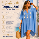 Kaftan - Bleu avec broderie crème & franges
