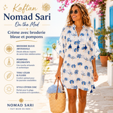 Kaftan - Crème avec broderie bleue & pompons