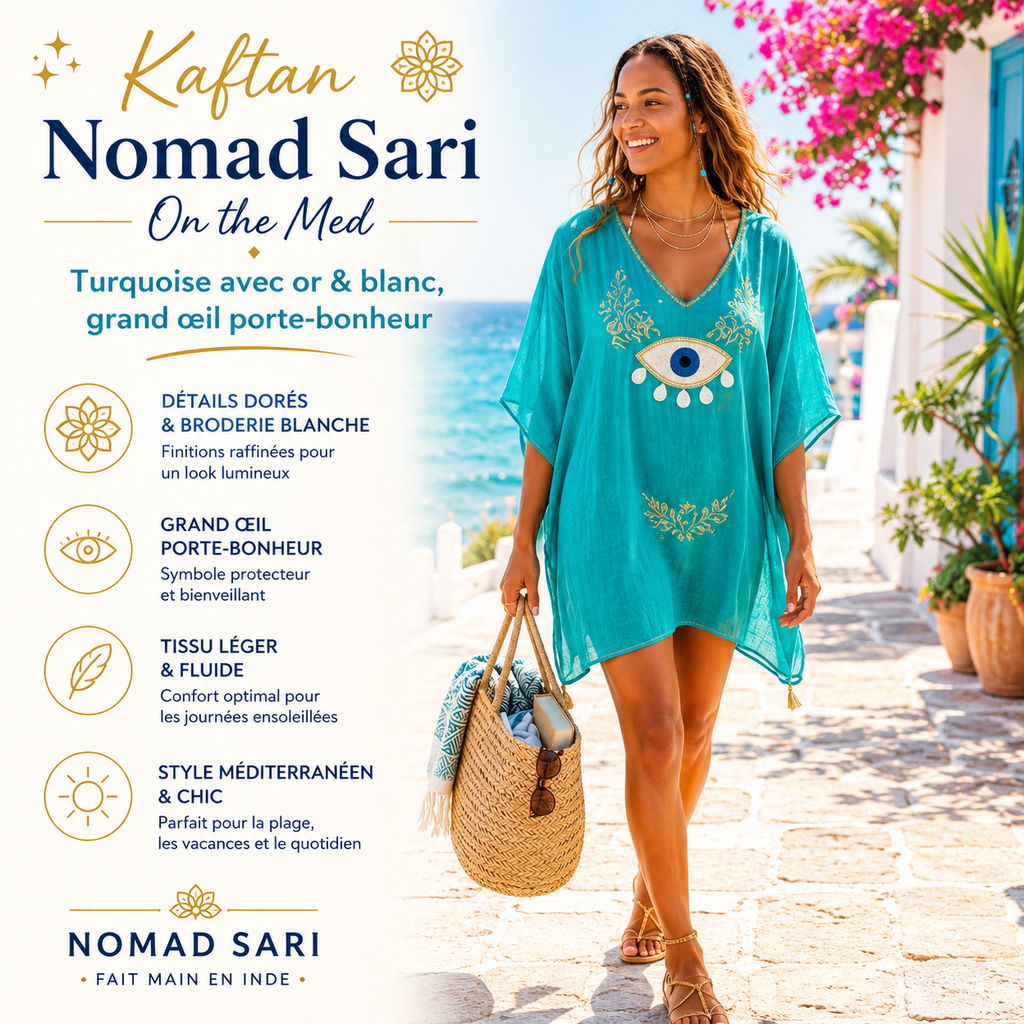 Kaftan - Turquoise avec or & blanc, Grand œil porte-bonheur