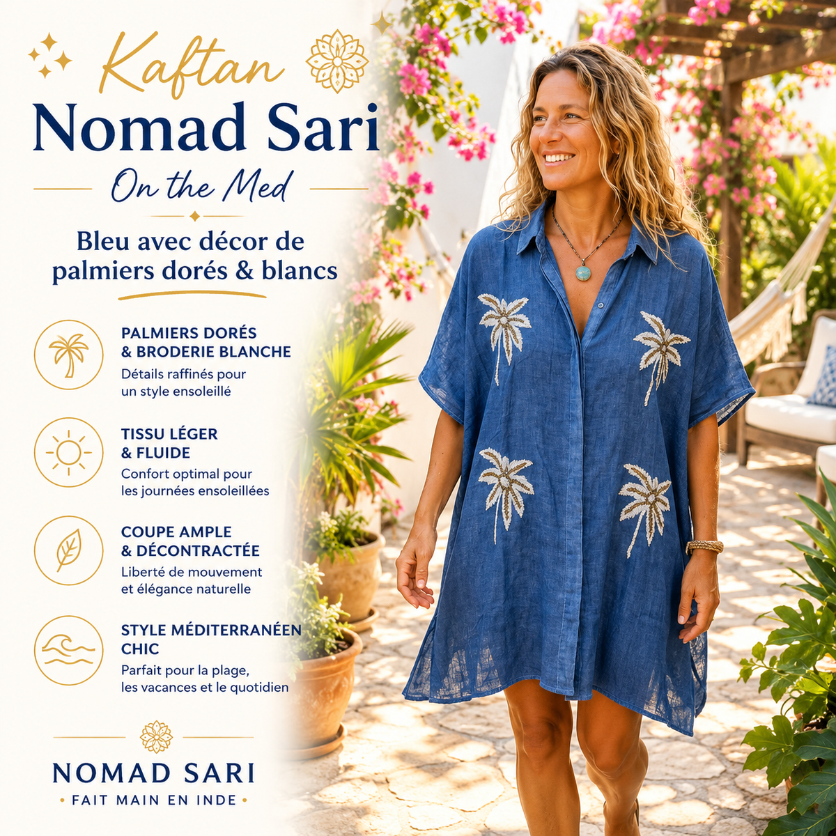 Kaftan - Bleu avec décor de palmiers dorés & blancs