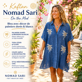 Kaftan - Bleu avec décor de palmiers dorés & blancs