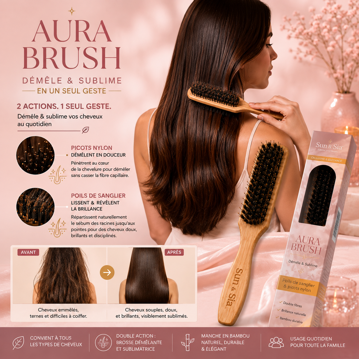 Brosse Aura - Démêle, lisse & sublime les cheveux