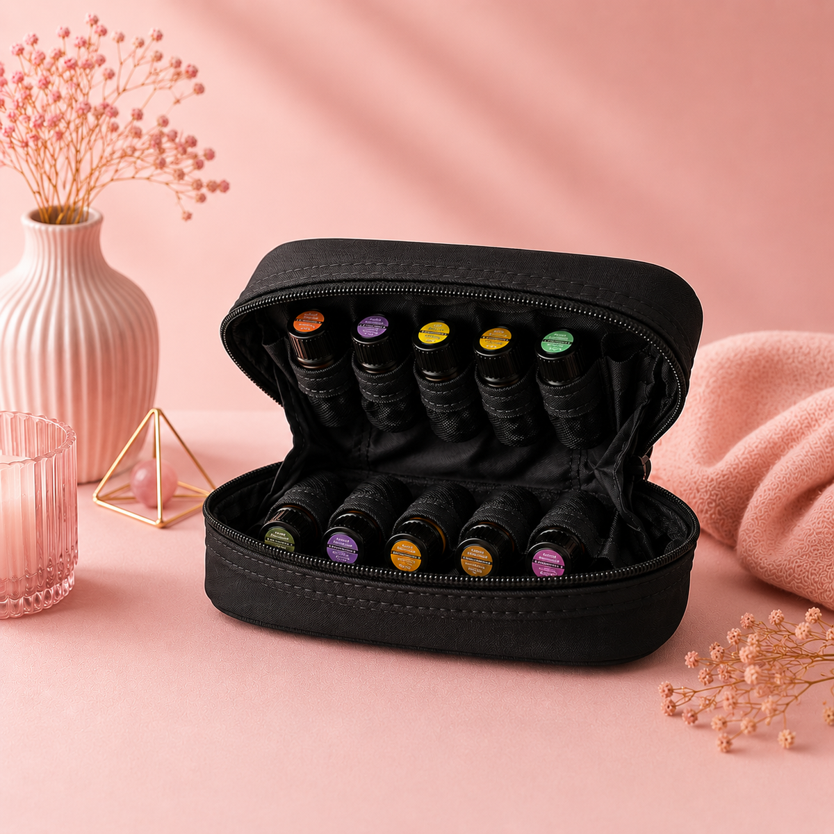 Trousse de rangement pour huiles essentielles - 10 flacons - Noir ou rose