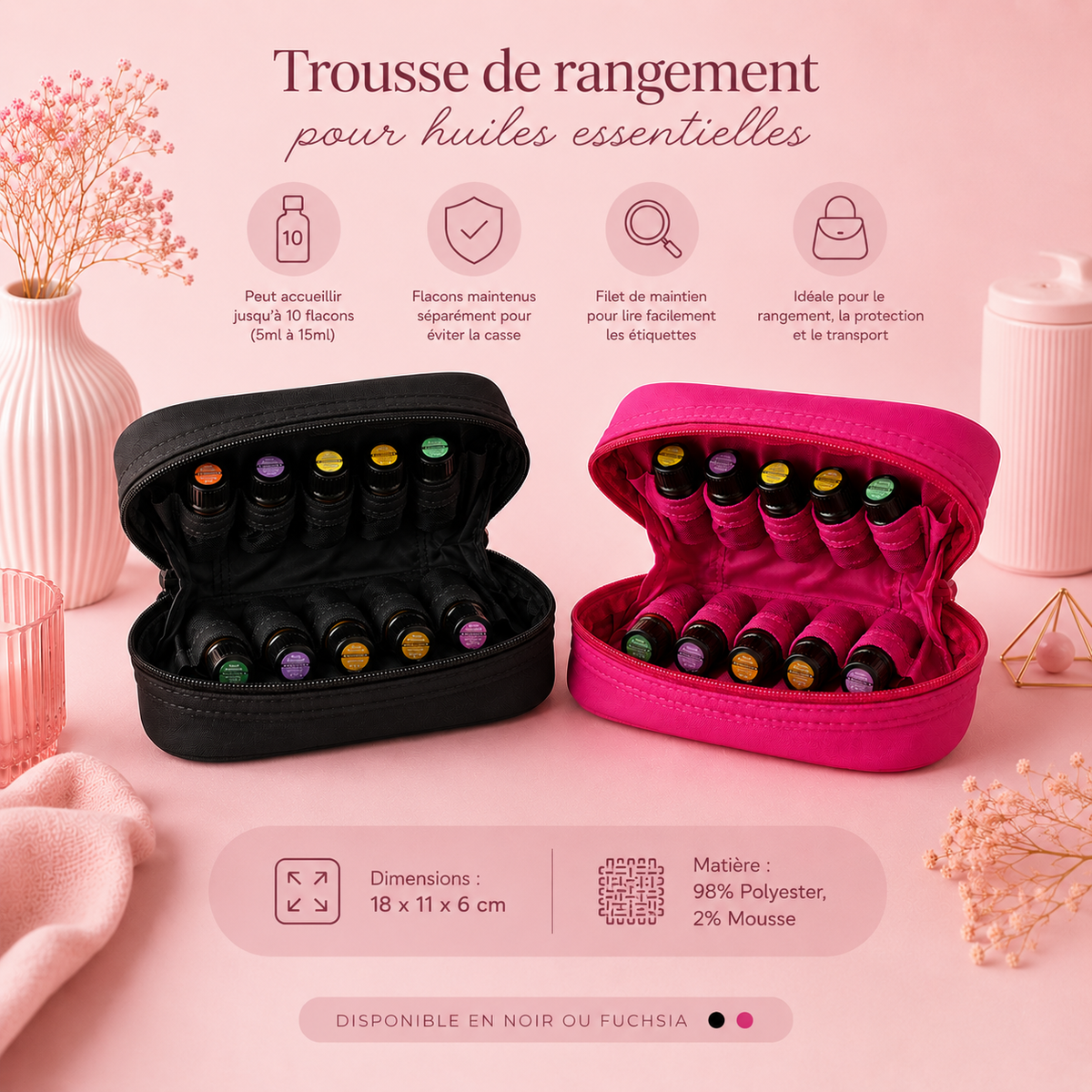 Trousse de rangement pour huiles essentielles - 10 flacons - Noir ou rose