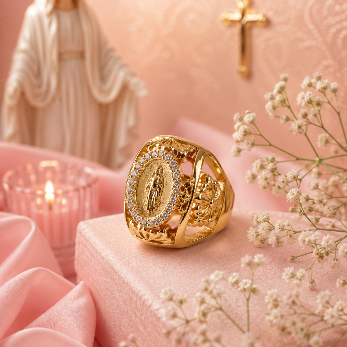 Bague Vierge Marie Plaqué Or 18K - Médaille Catholique