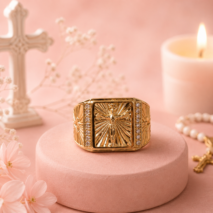 Chevalière Jésus Dorée - Bague Catholique Foi & Protection