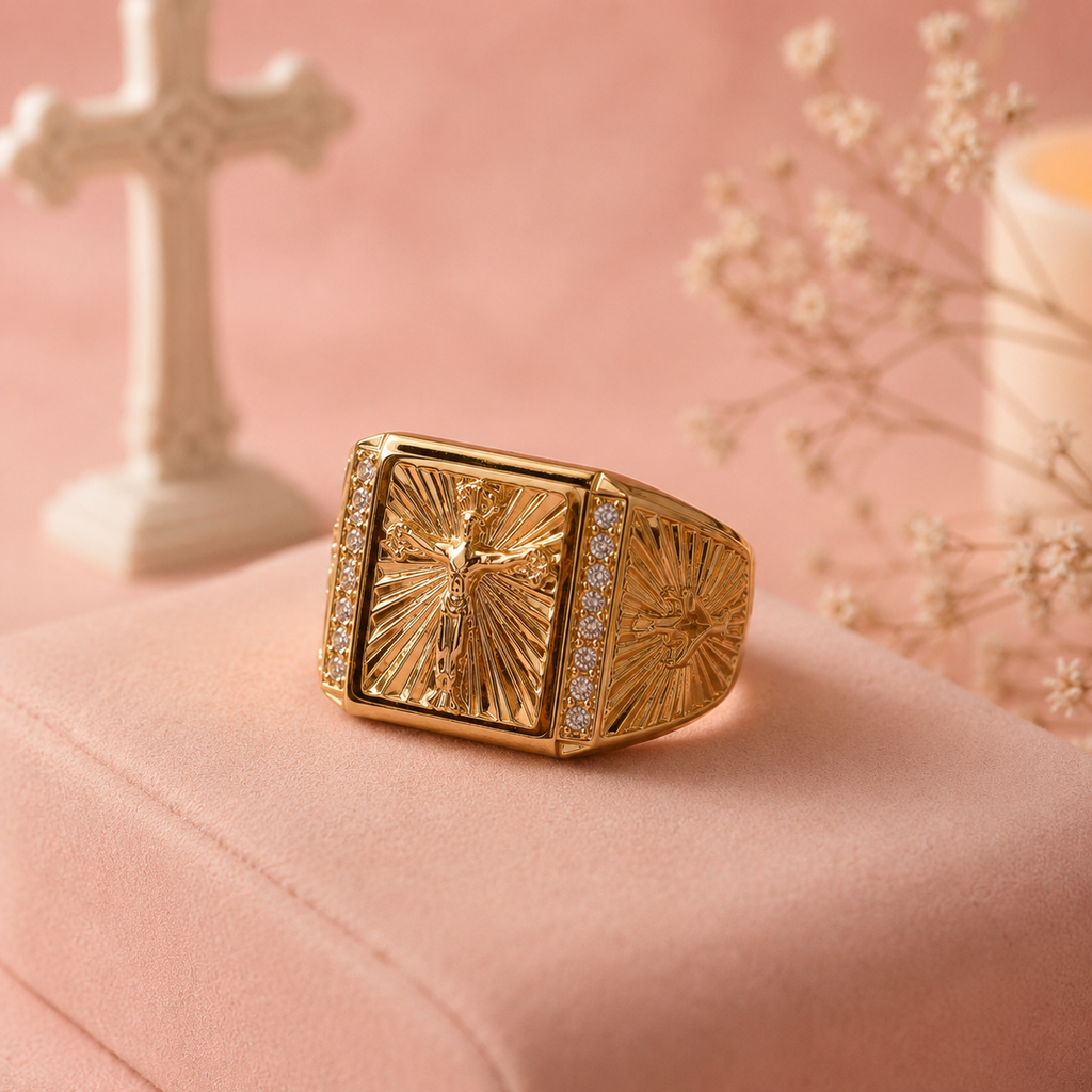 Chevalière Jésus Dorée - Bague Catholique Foi & Protection