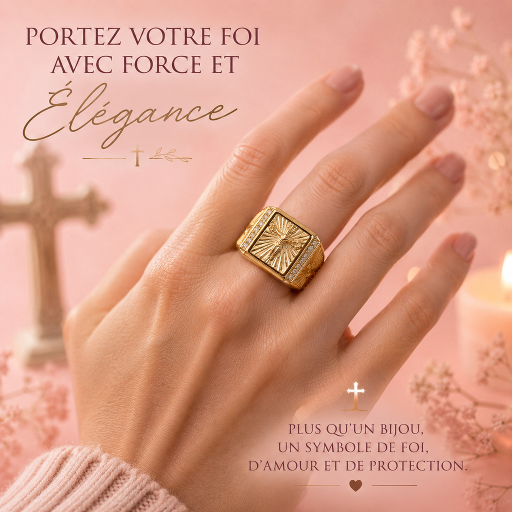 Chevalière Jésus Dorée - Bague Catholique Foi & Protection