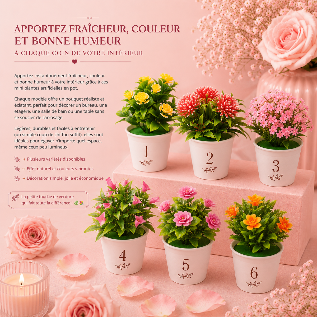 Mini plantes artificielles en pot - Une touche de couleur sans entretien - 7 x 16 cm