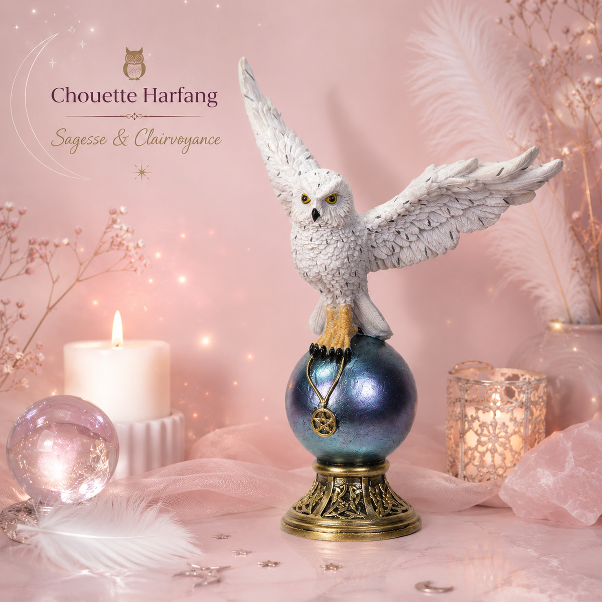 Chouette Harfang sur sphère - Symbole de sagesse et de clairvoyance (18,87 x 9 x 23,5 cm)