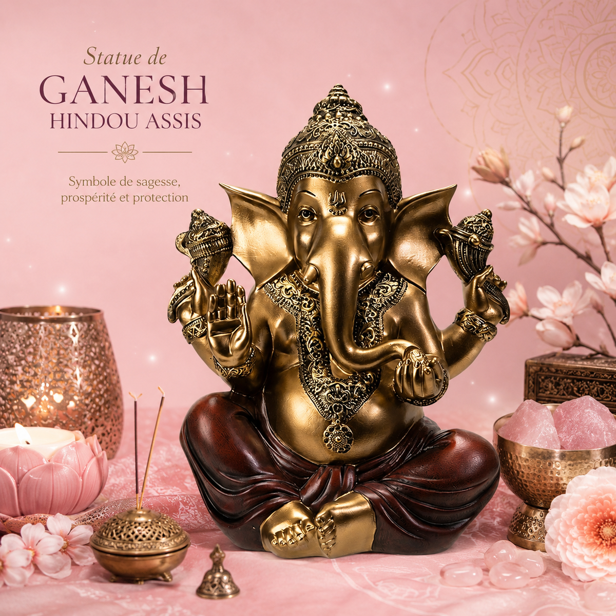 Statue de Ganesh hindou assis - Symbole de chance et de prospérité (21 x 14 x 28 cm)