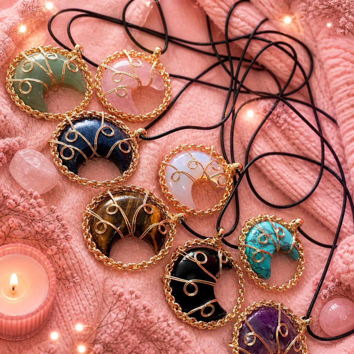 Collier & pendentif en forme de lune (plusieurs variantes)