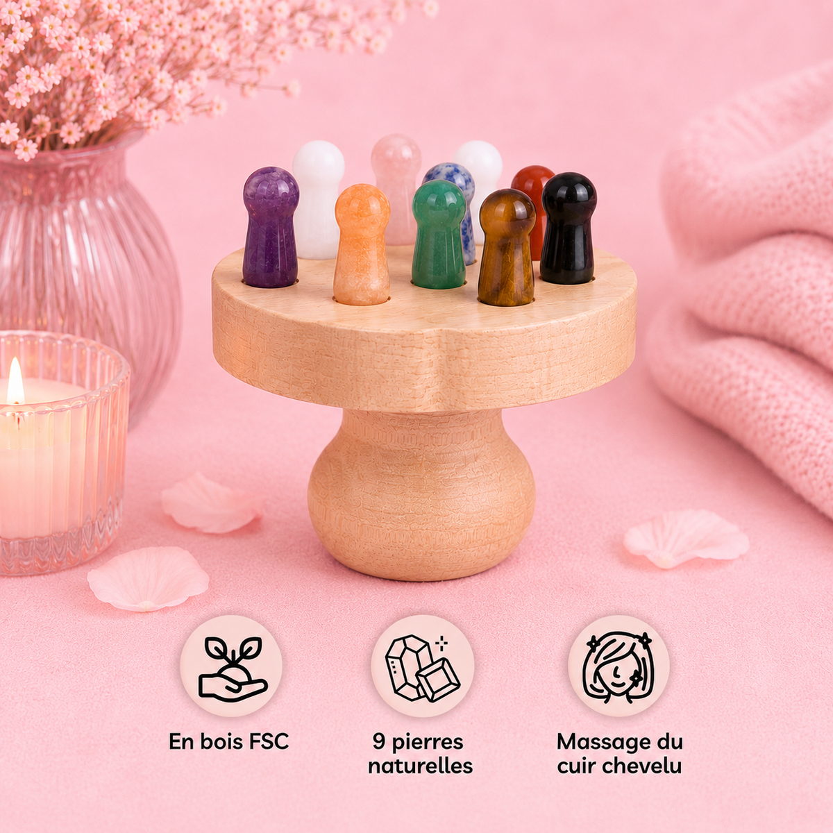 Brosse cuir chevelu en bois FSC Hêtre et pierre naturelle - 9 points de massage