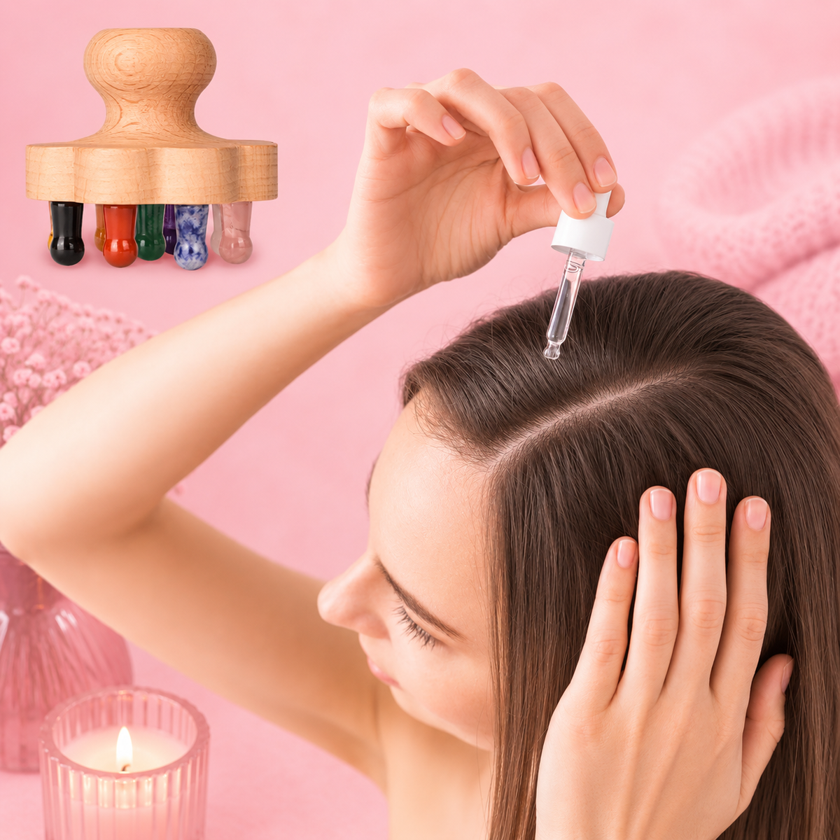 Brosse cuir chevelu en bois FSC Hêtre et pierre naturelle - 9 points de massage