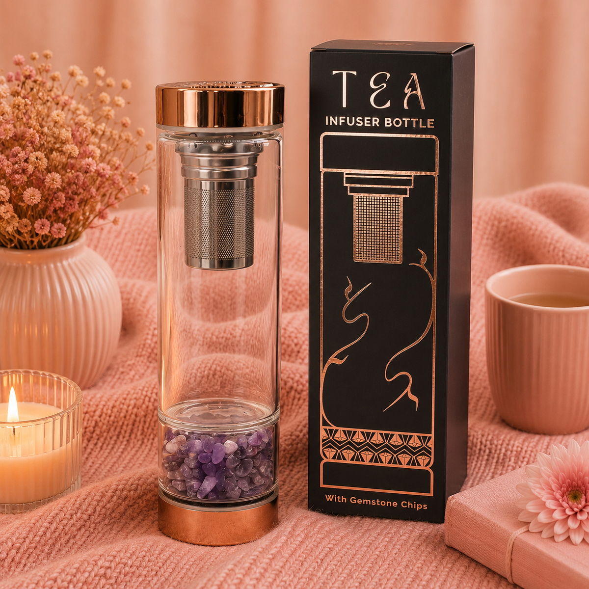 Bouteille infuseur à thé en verre de cristal - Or rose - Améthyste