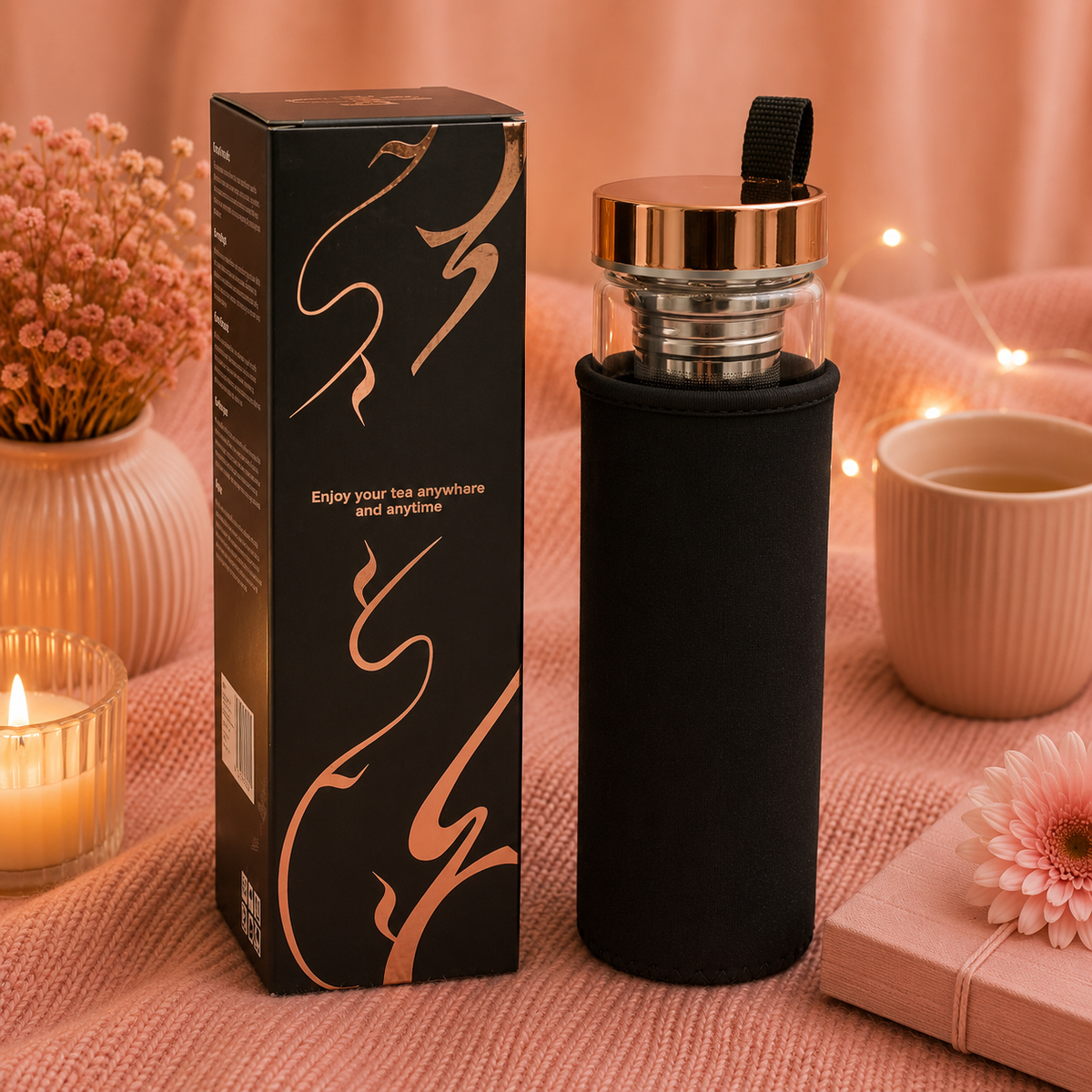 Bouteille infuseur à thé en verre de cristal - Or rose - Quartz rose