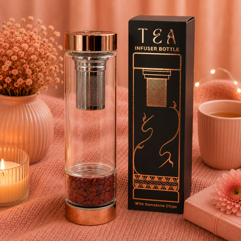 Bouteille infuseur à thé en verre de cristal - Or rose - Jaspe rouge