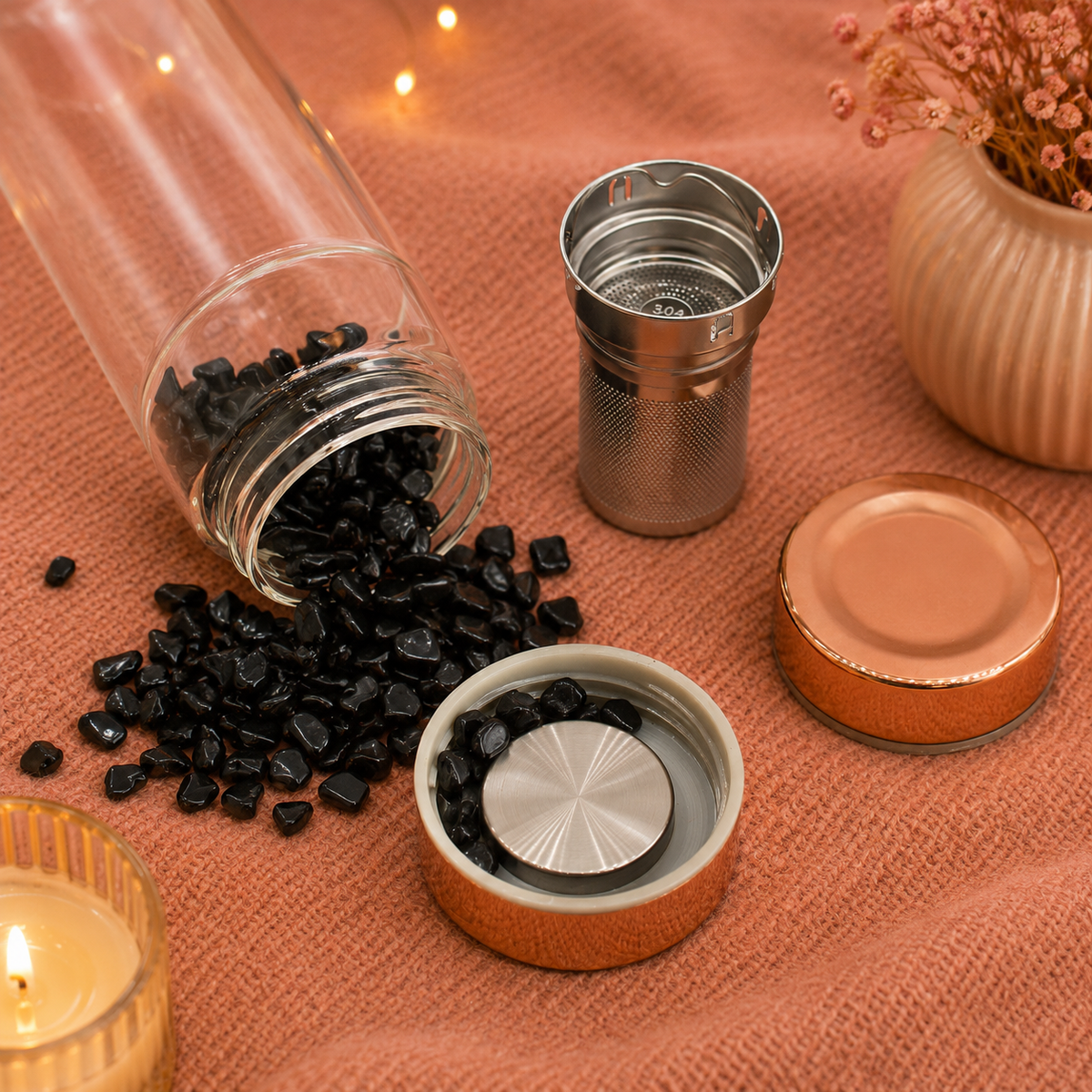 Bouteille infuseur à thé en verre de cristal - Or rose - Onyx noir