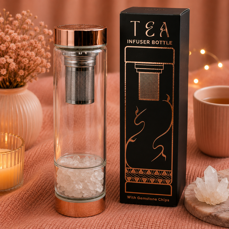 Bouteille infuseur à thé en verre de cristal - Or rose - Quartz de roche
