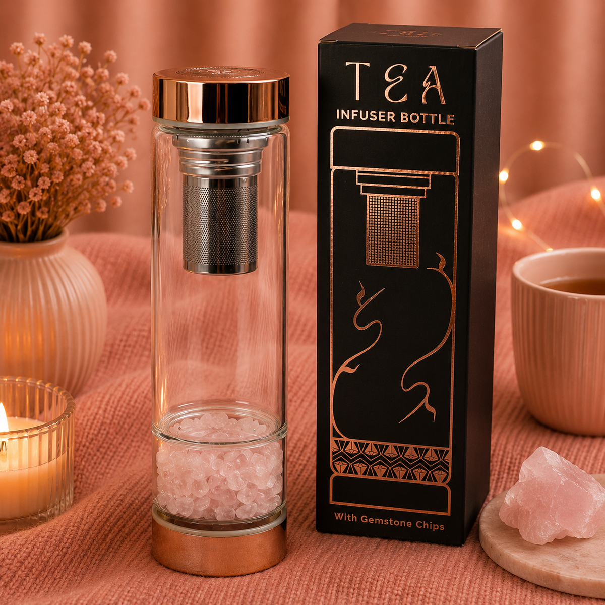 Bouteille infuseur à thé en verre de cristal - Or rose - Quartz rose