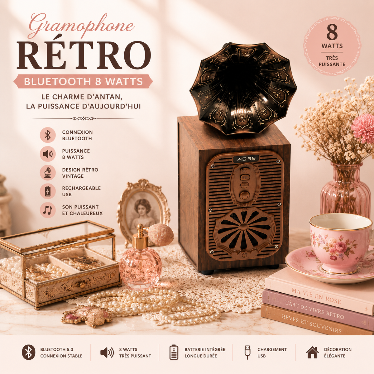 Gramophone Rétro Grand Modèle (Très Puissant) - Bluetooth - 8 watts