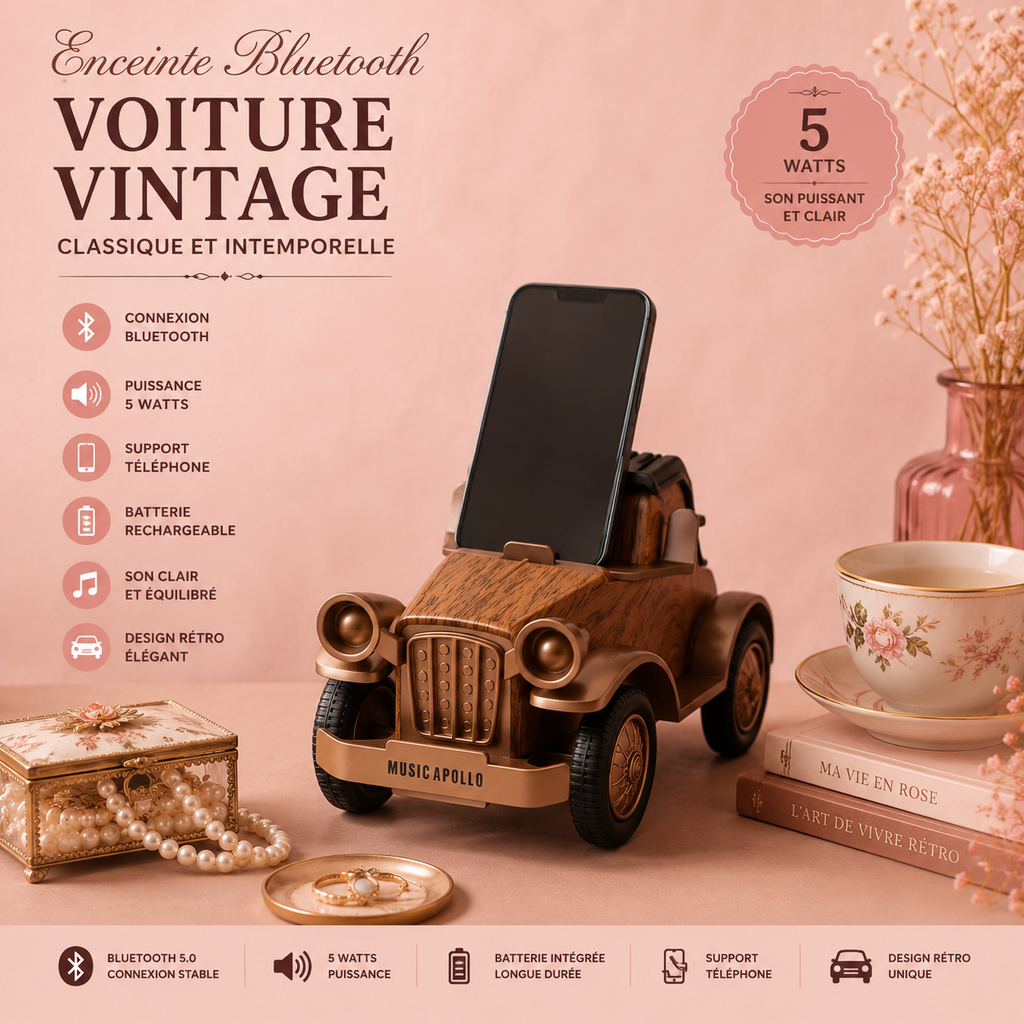 Enceinte voiture vintage classique avec support téléphone - Bluetooth - 5 watts