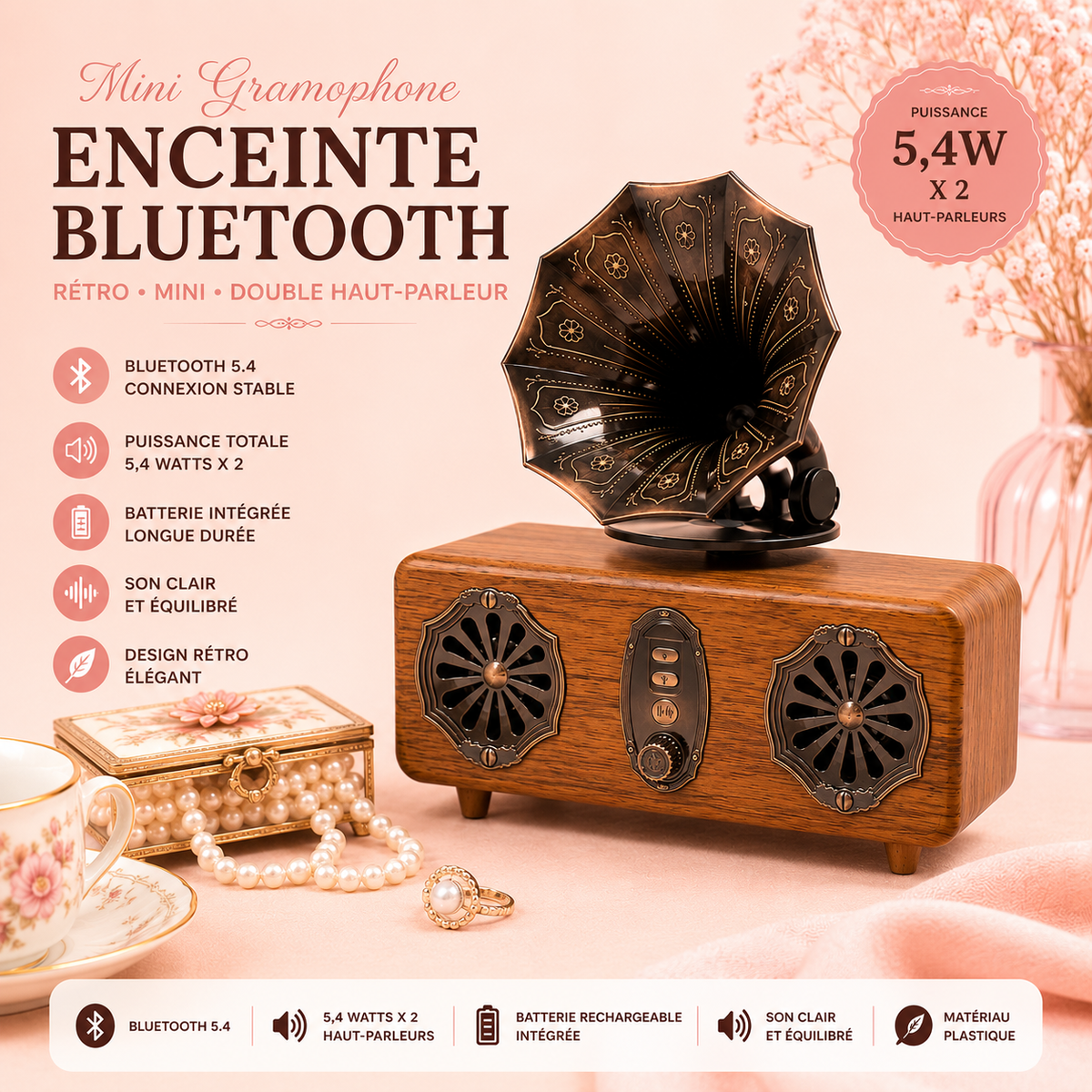 Enceinte Mini double gramophone rétro - Bluetooth - 5,4 watts x 2