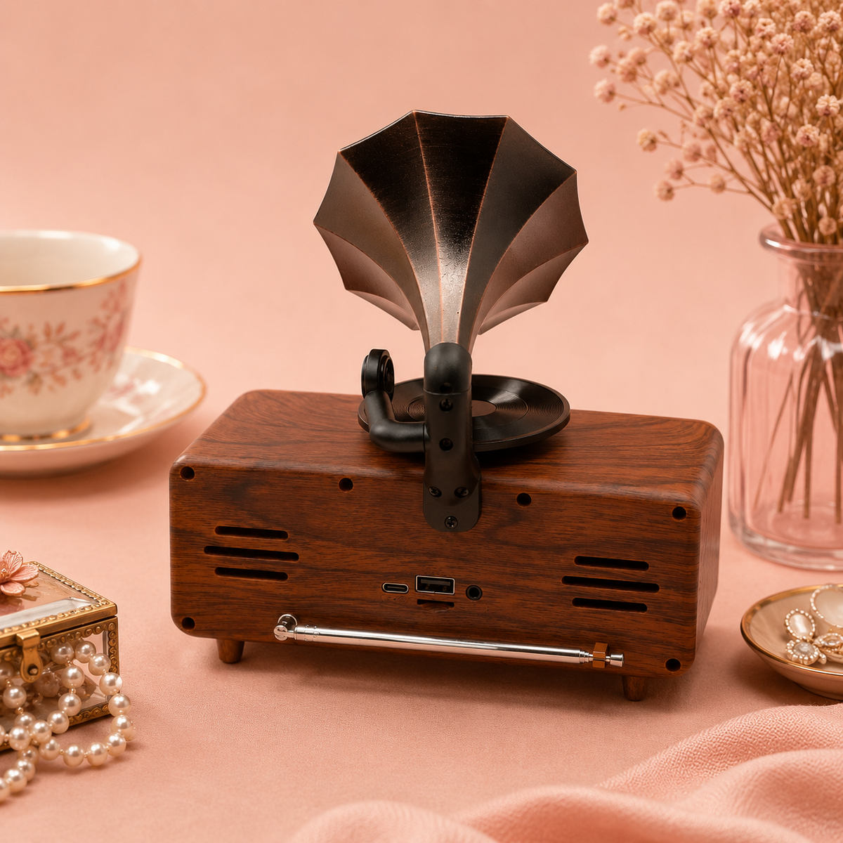 Enceinte Mini double gramophone rétro - Bluetooth - 5,4 watts x 2