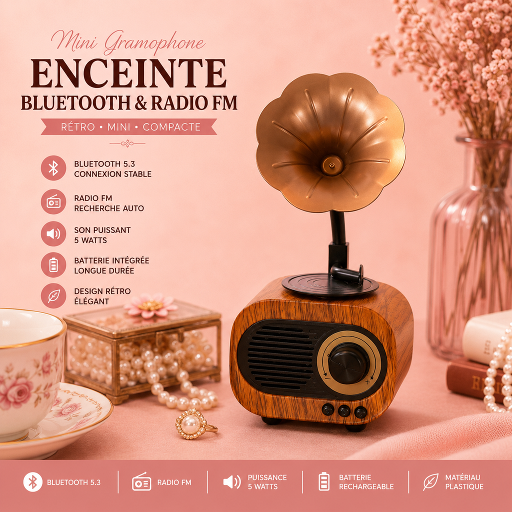 Enceinte Mini gramophone rétro - Bluetooth & Radio FM - 5 watts