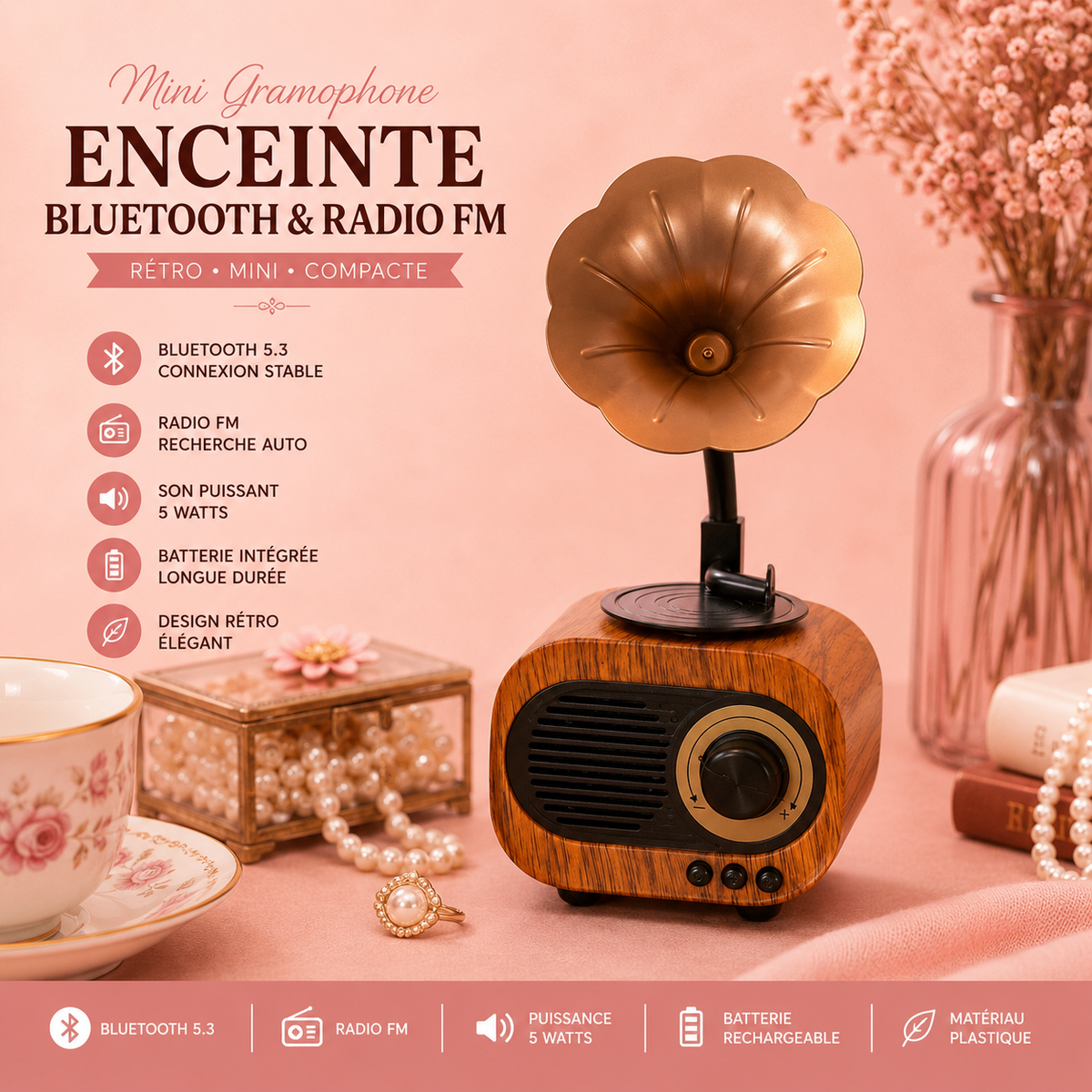 Enceinte Mini gramophone rétro - Bluetooth & Radio FM - 5 watts