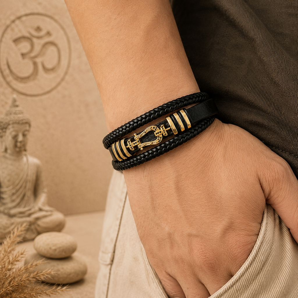 Bracelet Homme tissé en corde en cuir – Fer à Cheval  en zircon - Élégance Noire - 21 cm
