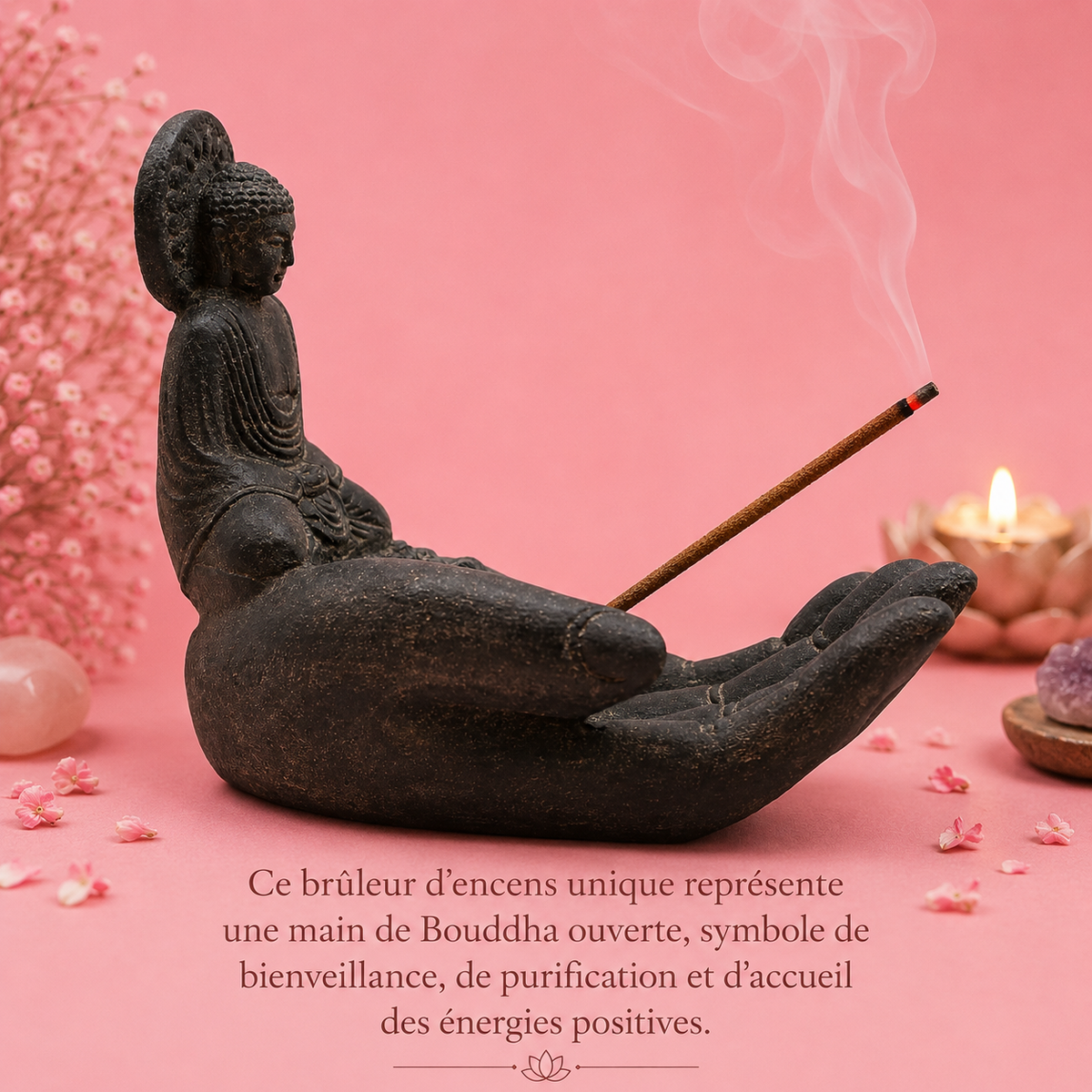 Brûleur d'encens "Main du Bouddha" en pierre - Protection & Harmonie