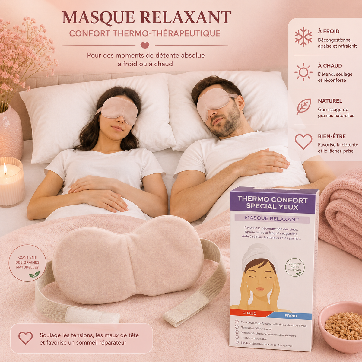 Masque yeux relaxant chauffant Thermo Confort - Naturel en perles d'argile et charbon végétal - Effet relaxant